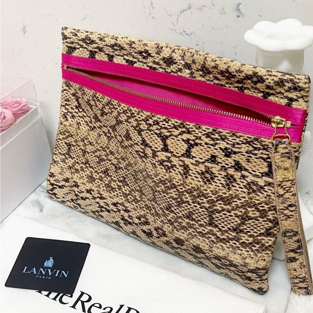 Authentic Lanvin Snakeskin & Hot Barbie Pink Large Zip Clutch Bag / Wristlet